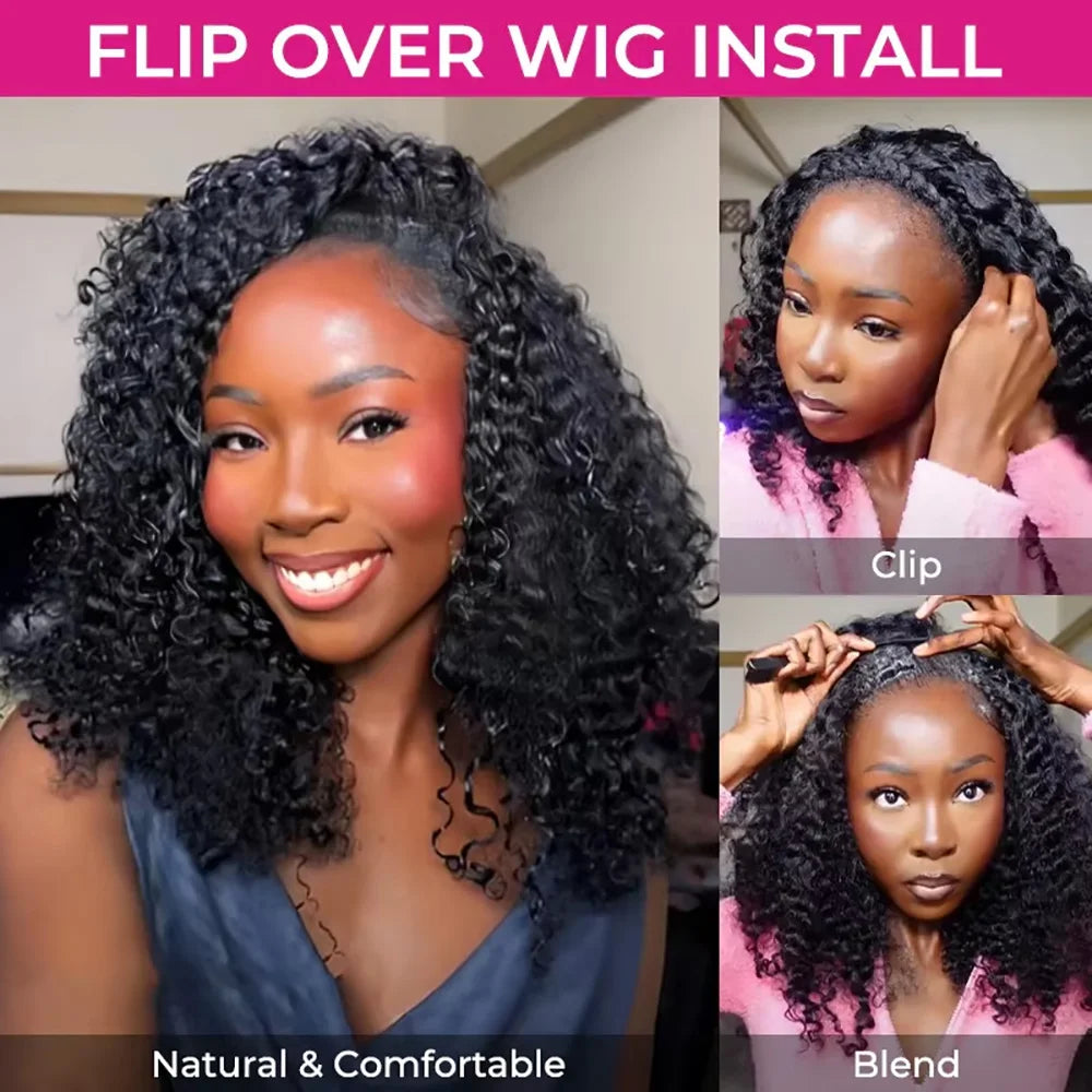 3 In 1 Human Hair Half Wig Glueless Drawstring Clip In Kinky Curly Headband Wig Natural Color Seamless Natural Looking For Women