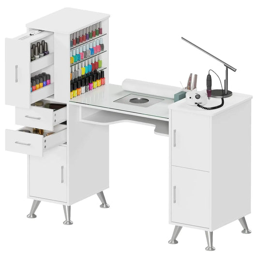 Glass Top Manicure Table w/ Dust Collector, Storage Drawers & Cabinets, Nail Desk for Salon, White, Custom
