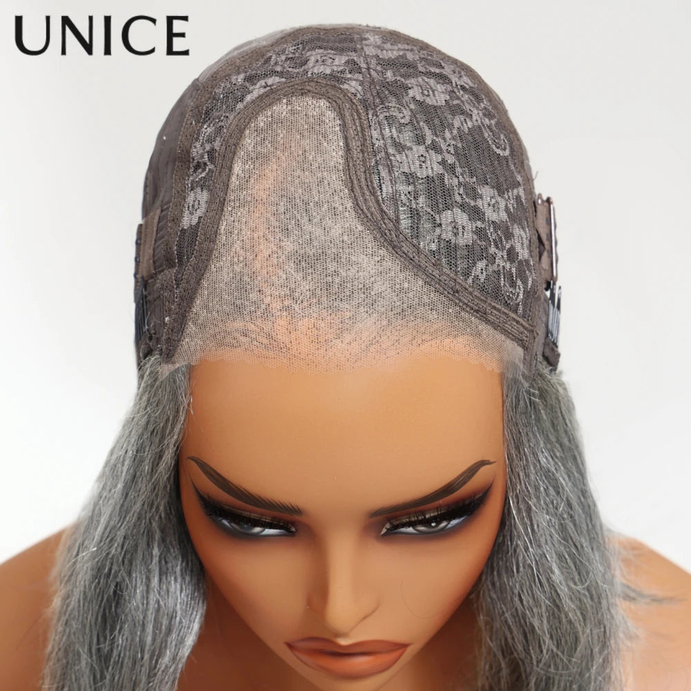 UNICE Hair Layered Blowout Salt & Pepper Glueless Human Hair Wig Pre Cut 6.5x1.5 Lace Short Bob Side Part Grey Wig 150% Density