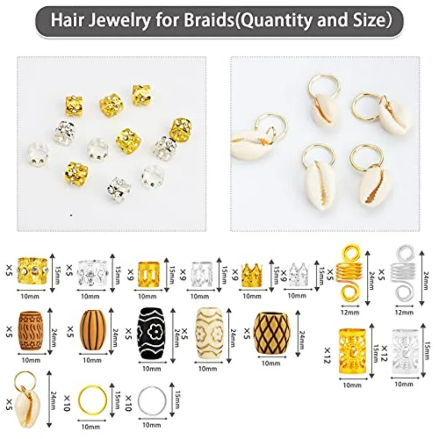 133 PCS Hair Jewelry for Braids Gold Hair Cuffs for Locs Hair Coils Rings Dreadlock Accessories Shells Imitation Wood-Like Hair