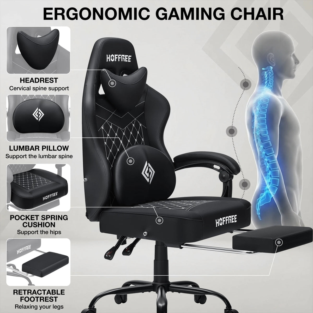 Hoffree Reclining Gaming Chair Featuring Speakers And Massage