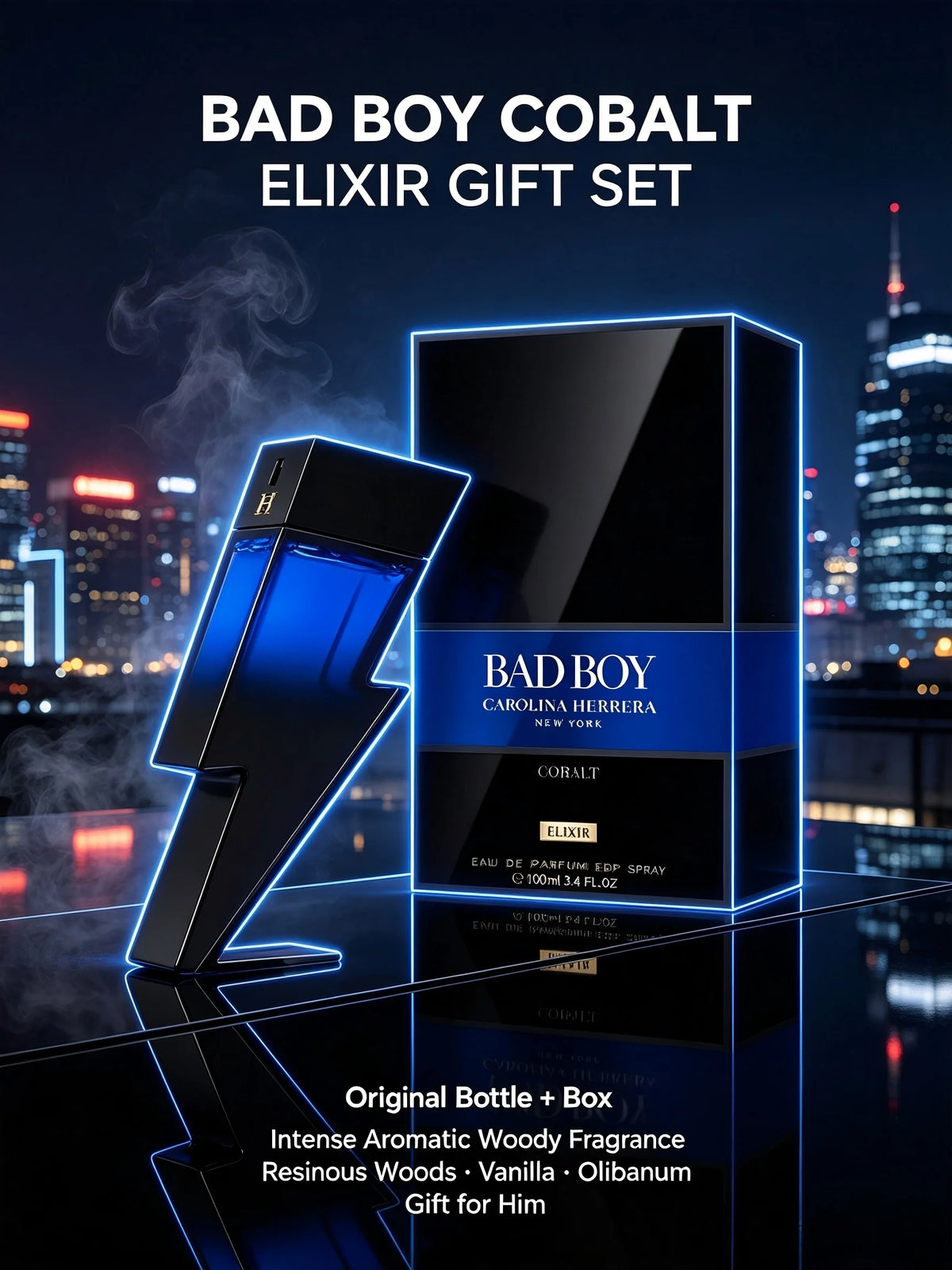 Carolina Herrera Bad Boy Cobalt Elixir EDP for Men, 3.4 fl oz/100ml, Woody Amber Spicy Sage Black Truffle Vanilla Long Lasting Cologne, Holiday Gift