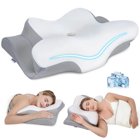 Cervical Neck Pillow, Memory Foam Pillows for Neck and Shoulder Pain Relief, 2 Heights Ergonomic Pillow with Breathable Ice Sil