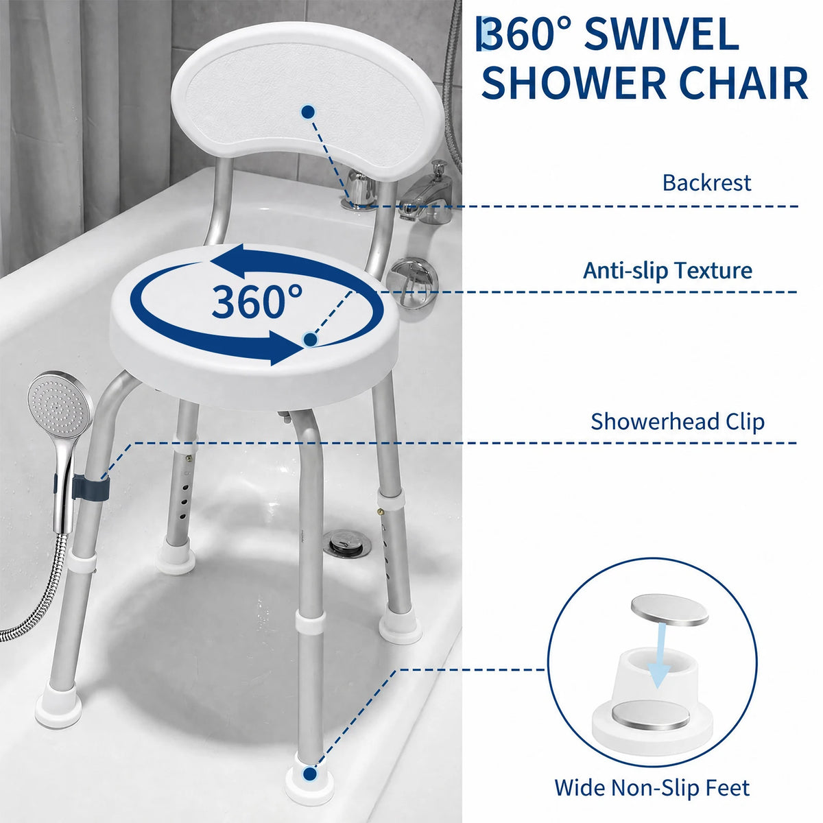 60° Swivel Shower Chair with Backrest – Non-Slip, Height Adjustable Bath Seat – Compact Support for Elderly, Seniors & Disabled – Supports 150kg