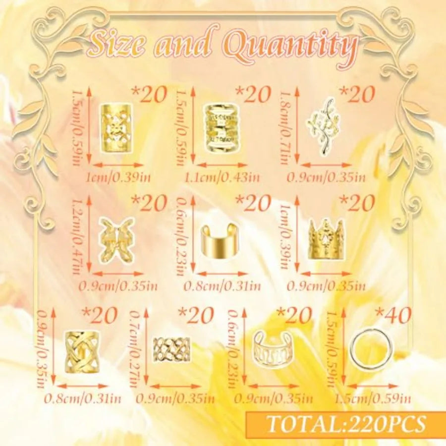 220PCS Gold Hair Jewelry Dreadlock Cuffs Braids Clips Metal Hair Cuff Rings Loc Charms Hair Beads Decorations Accessories for W