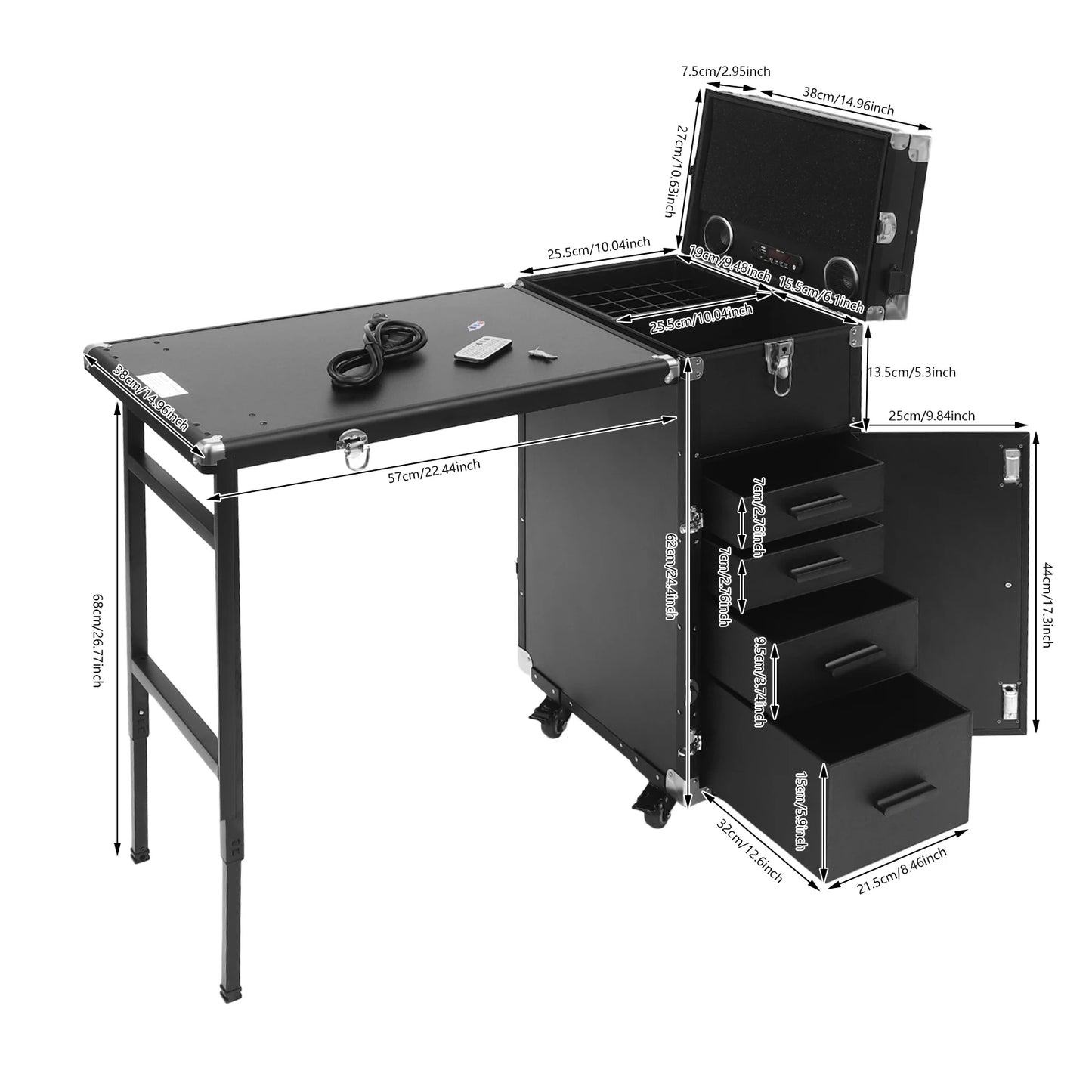 Rolling Manicure Makeup Table with 2 Built-In Bluetooth Music Speakers Portable Mirror Remote Control Professional Makeup Case