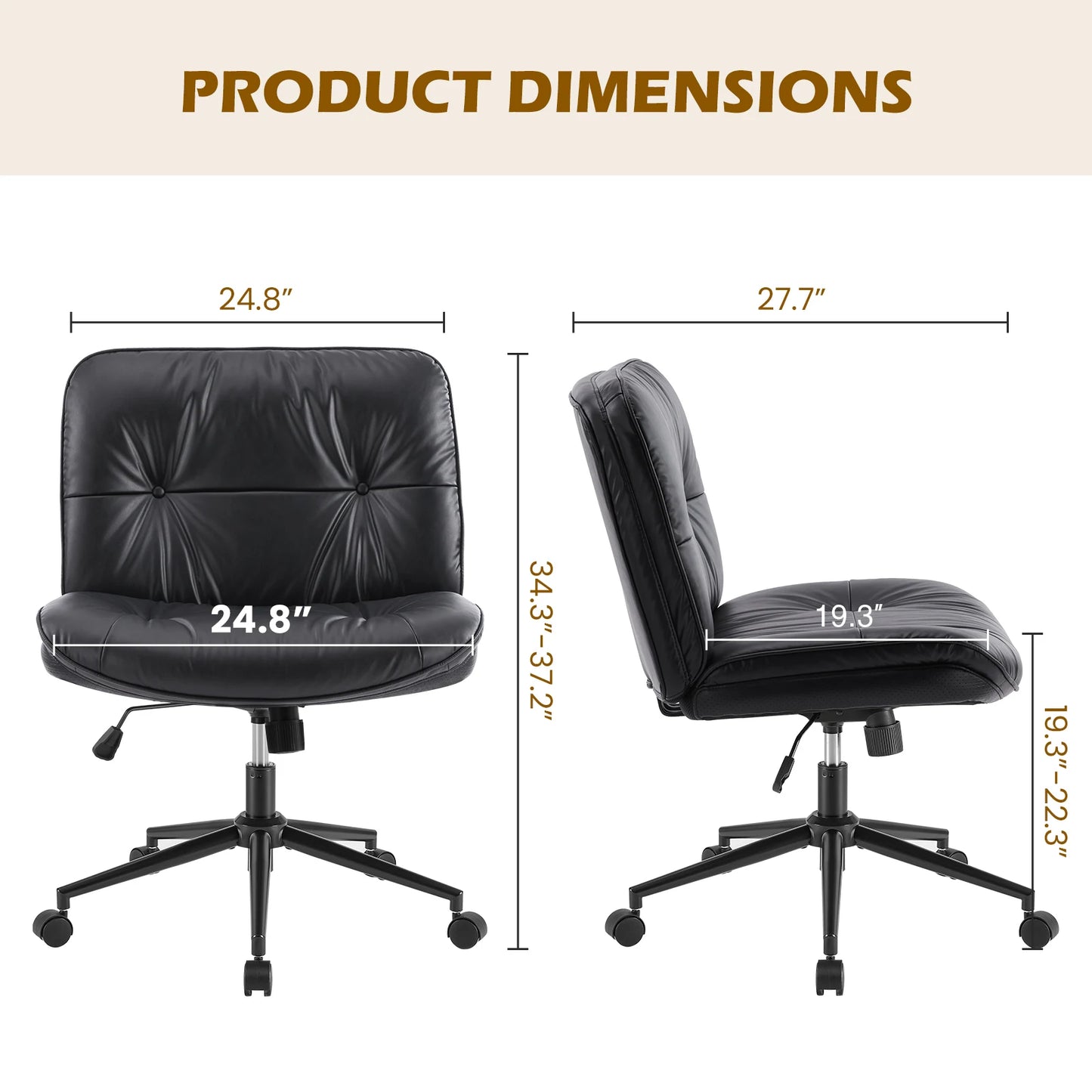 JHK Cross Legged PU Leather Office Chair with Wheels Armless Desk Chair Height Adjustable Swivel Wide Seating for Home Bedroom