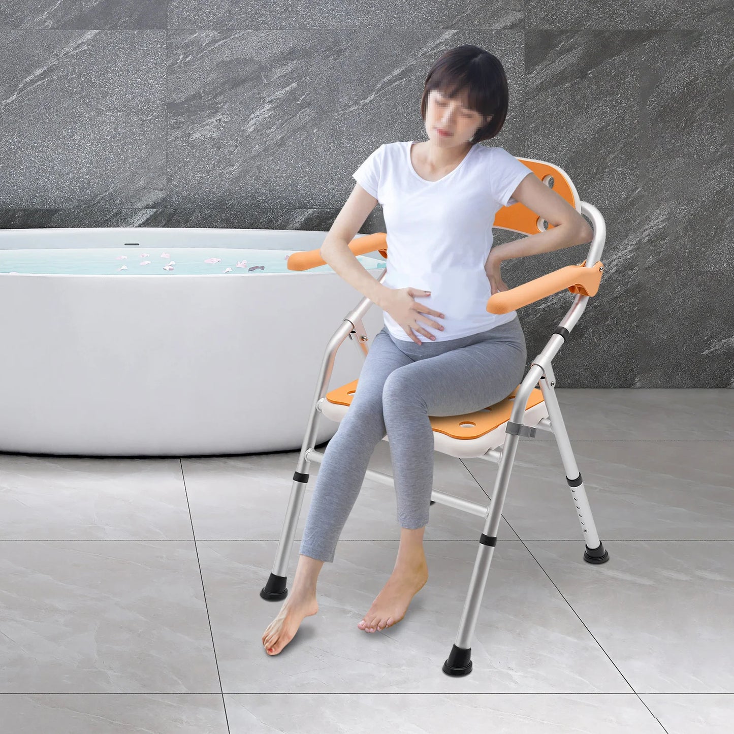 Shower Chair with Armrests Backrest Height Adjustable Shower Stool Folding Shower Seat Bathroom Stool Bath Chair Orange