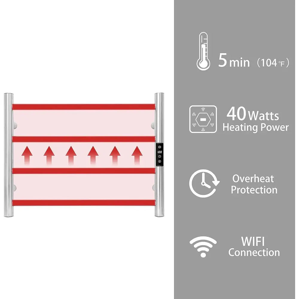 KEG Smart WiFi Towel Warmer Wall Mounted with Built-in Timer and Temperature Adjust Control, 4 Bars Electric Stainless Steel Hea