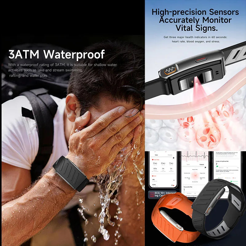 Screenless Smart Health Band with ECG Heart Rate Sleep SpO2 HRV Blood Pressure Sports Tracking App Reminders and 3ATM Waterproof