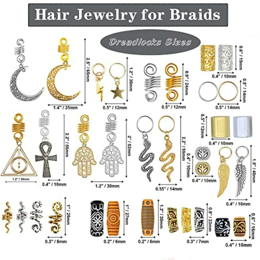 184Pcs GoldHair Jewelry for Braids Metal Alloy Snake Braid Clips Dreadlocks Accessories Loc Adornment Wood Beads Hair Charm Hai