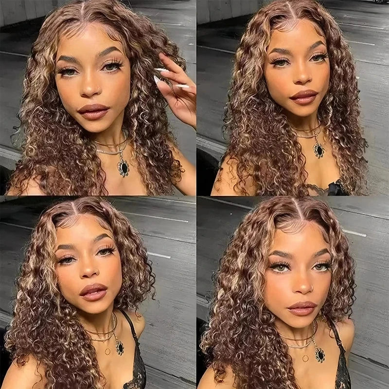 Highlight Ombre Curly Short Bob 13x4 HD Lace Front Honey Blonde 4/27 Deep Wave Bob Wig Human Hair Pre-cut Glueless 5x5 Lace Wigs