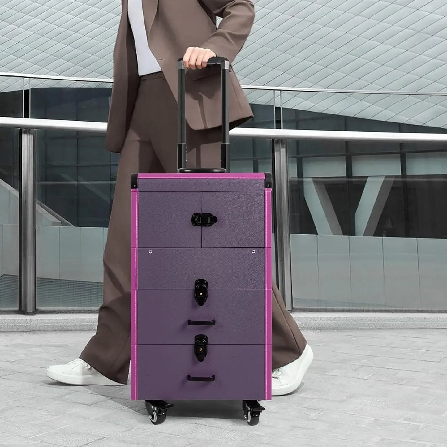 Rolling Makeup Train Case, Makeup Train Case, Large Capacity, Easy To Carry, Rolling Design with Retractable Trays and Drawers