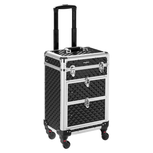 Portable Aluminum Rolling Makeup Case with Lock, Wheels & Drawers for Travel Organizer