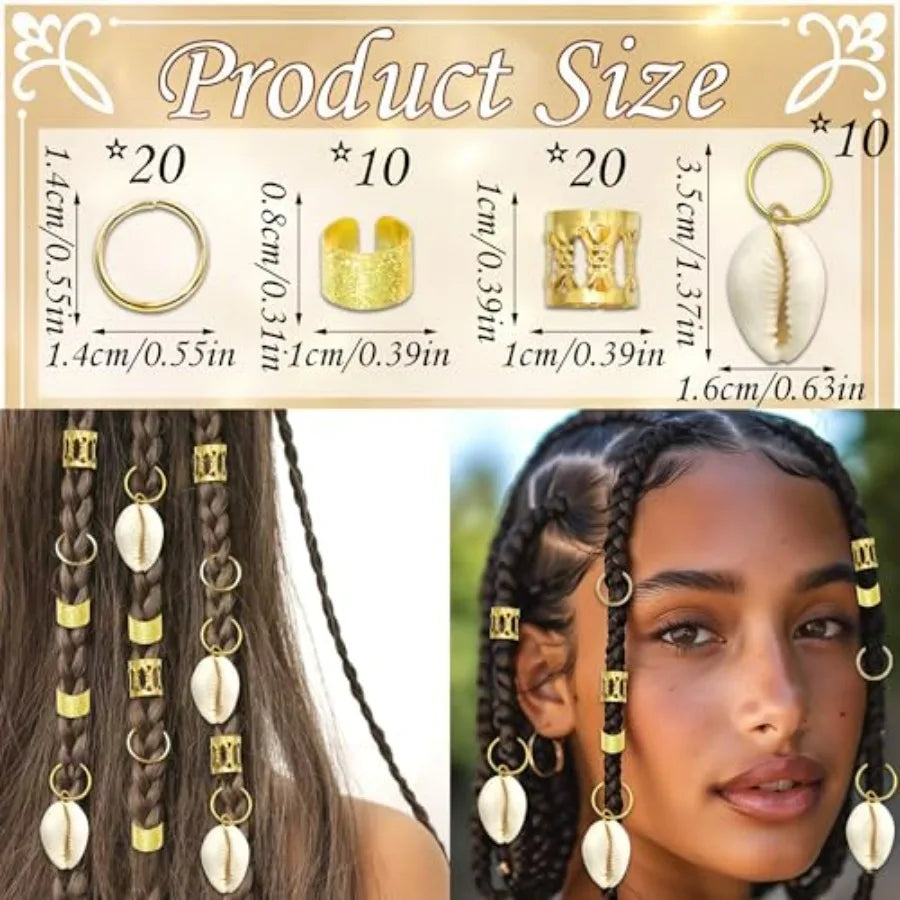 60PCS Shell Hair Jewelry for Braids Seashell Loc Charms Gold Hair Cuffs Rings Multi Styles Dreadlock Braid Clips Hair Accessori