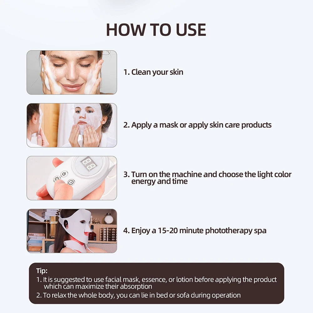 3D Flexible Silicone LED Facial Mask 7 Color Photon Light Face & Neck Beauty Mask Wireless Red Infrared Skin Repair SPA Mask