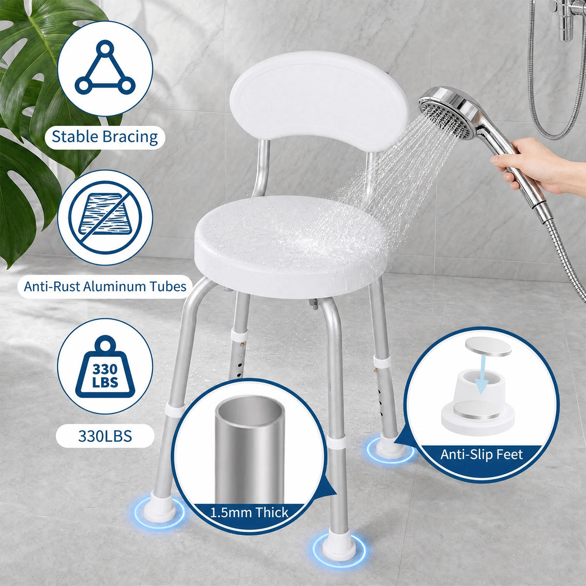 60° Swivel Shower Chair with Backrest – Non-Slip, Height Adjustable Bath Seat – Compact Support for Elderly, Seniors & Disabled – Supports 150kg