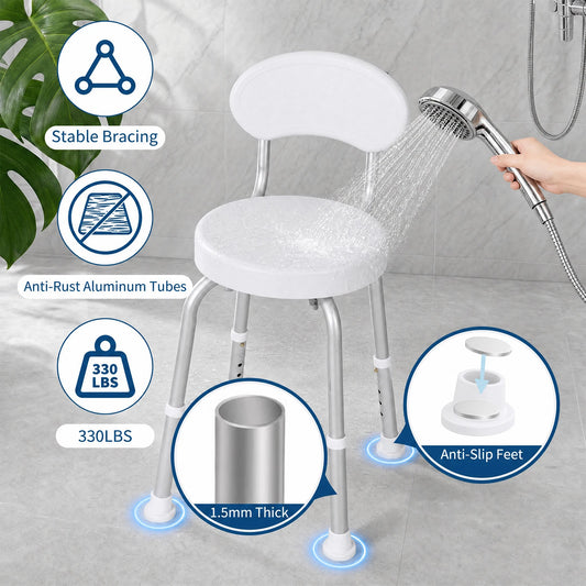 60° Swivel Shower Chair with Backrest – Non-Slip, Height Adjustable Bath Seat – Compact Support for Elderly, Seniors & Disabled – Supports 150kg