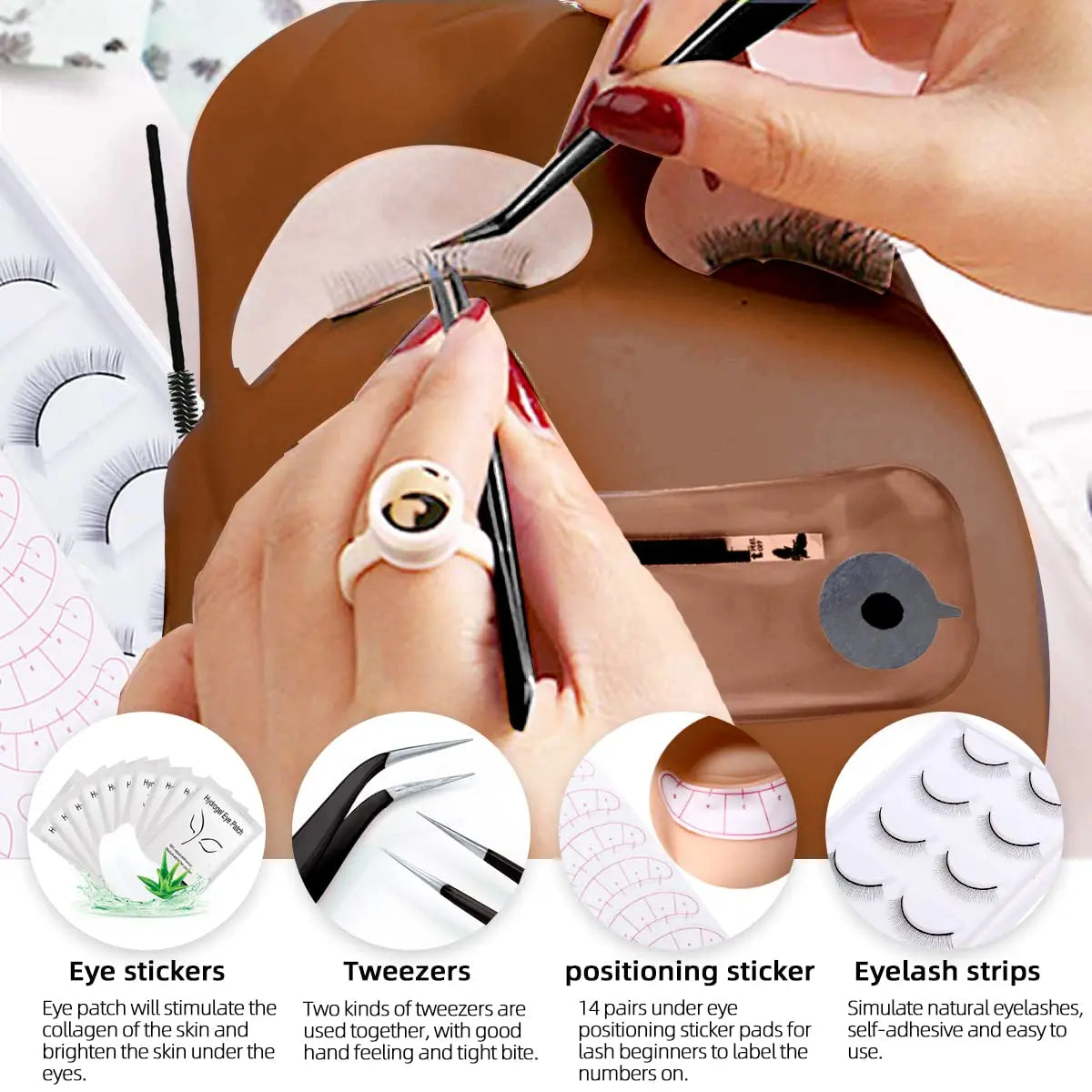 Professional Eyelash Extension Kit with Mannequin Head, USB Fan, Shampoo, Glue & Practice Strips for Beginners