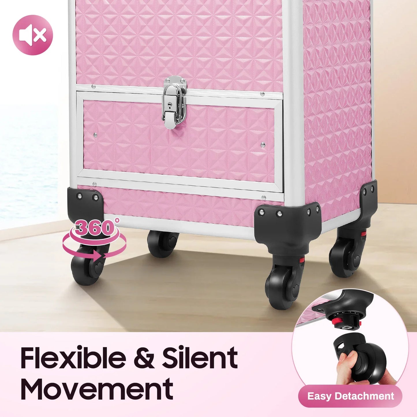 Rolling Makeup Train Case with Drawer and Nail Case for Manicure Storage, Ideal for Hair Stylists, Pet Groomers, Makeup Artists