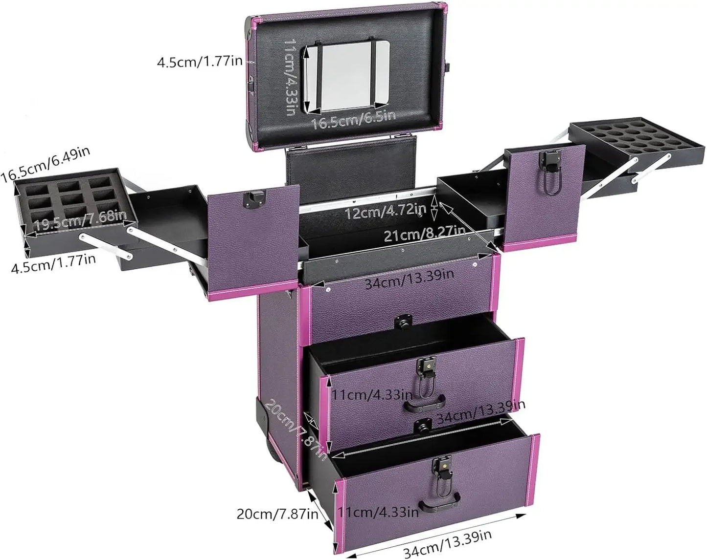 Rolling Makeup Train Case, Makeup Train Case, Large Capacity, Easy To Carry, Rolling Design with Retractable Trays and Drawers