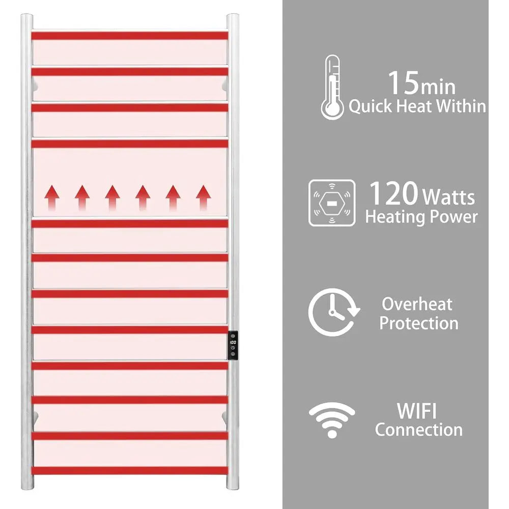 Smart WiFi Towel Warmer Wall Mounted with Built-in Timer and Temperature Adjust Control, 12 Bars Electric Stainless Steel Heated