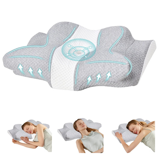 JHK Cervical Neck Pillow for Sleeping Cooling Ergonomic Memory Foam Pillow with Ice Silk Pillowcase Support Contour for Side