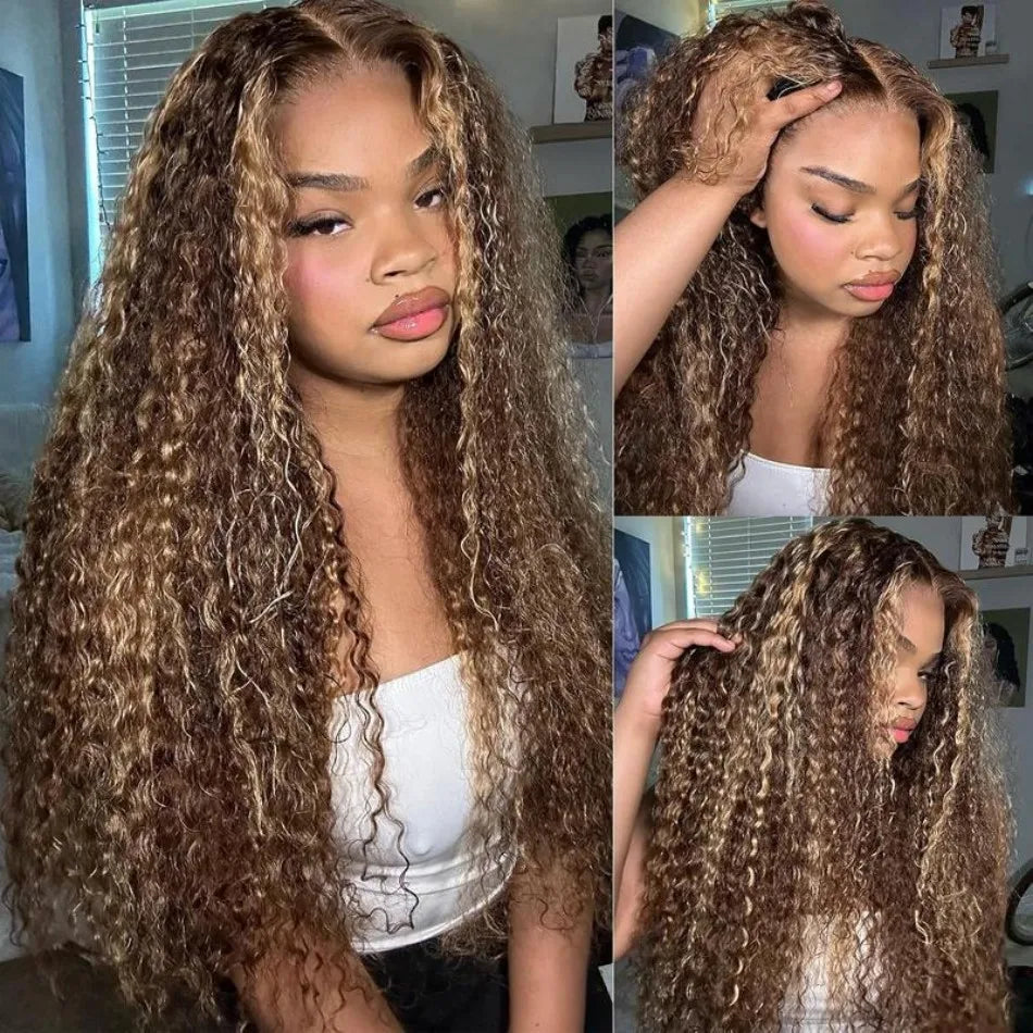 250% Density Highlight Deep Wave 13x6 Hd Lace Front Human Hair Wig Lace Frontal Wig 30 40 Inch Honey Blond Curly Lace Front Wigs