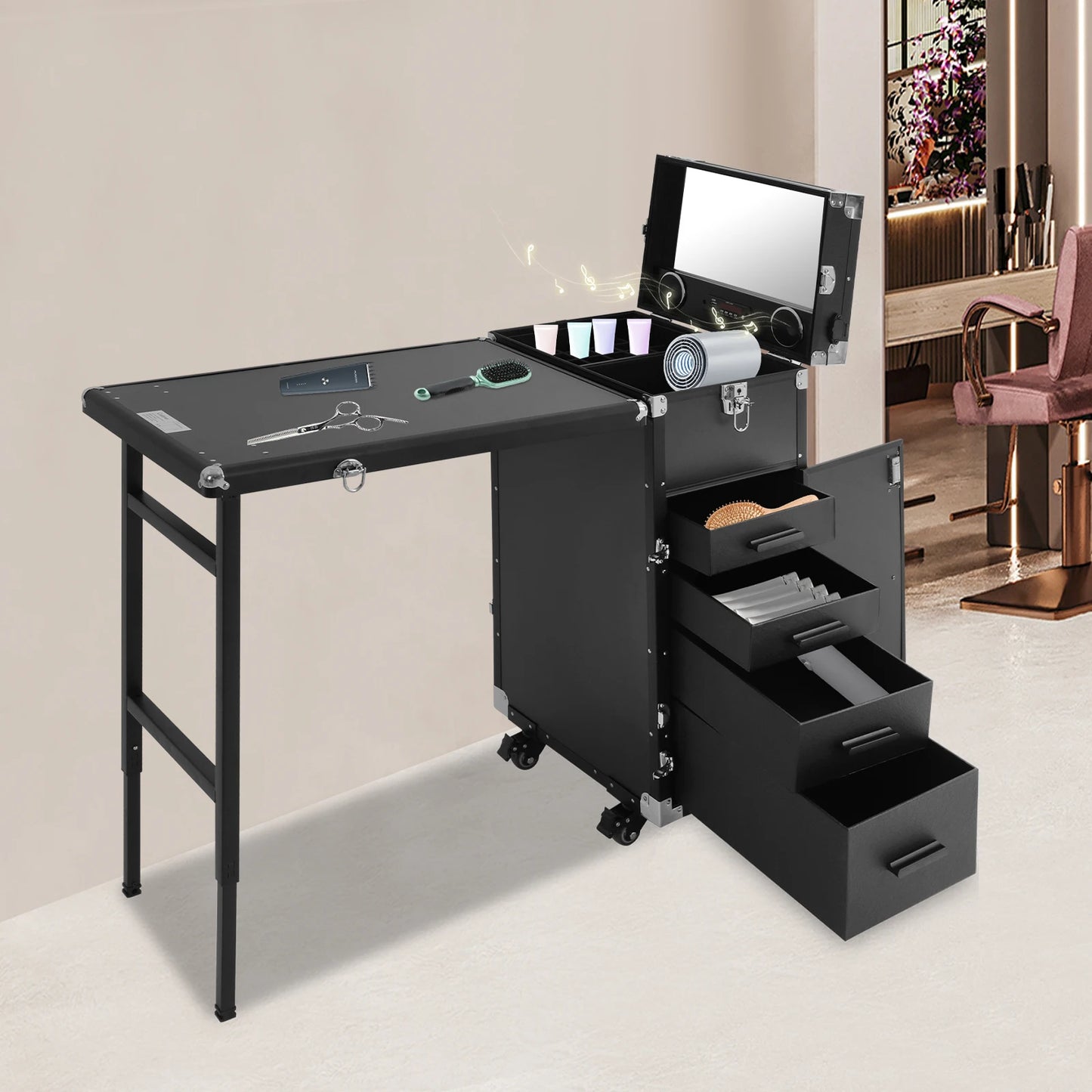 Rolling Manicure Makeup Table with 2 Built-In Bluetooth Music Speakers Portable Mirror Remote Control Professional Makeup Case