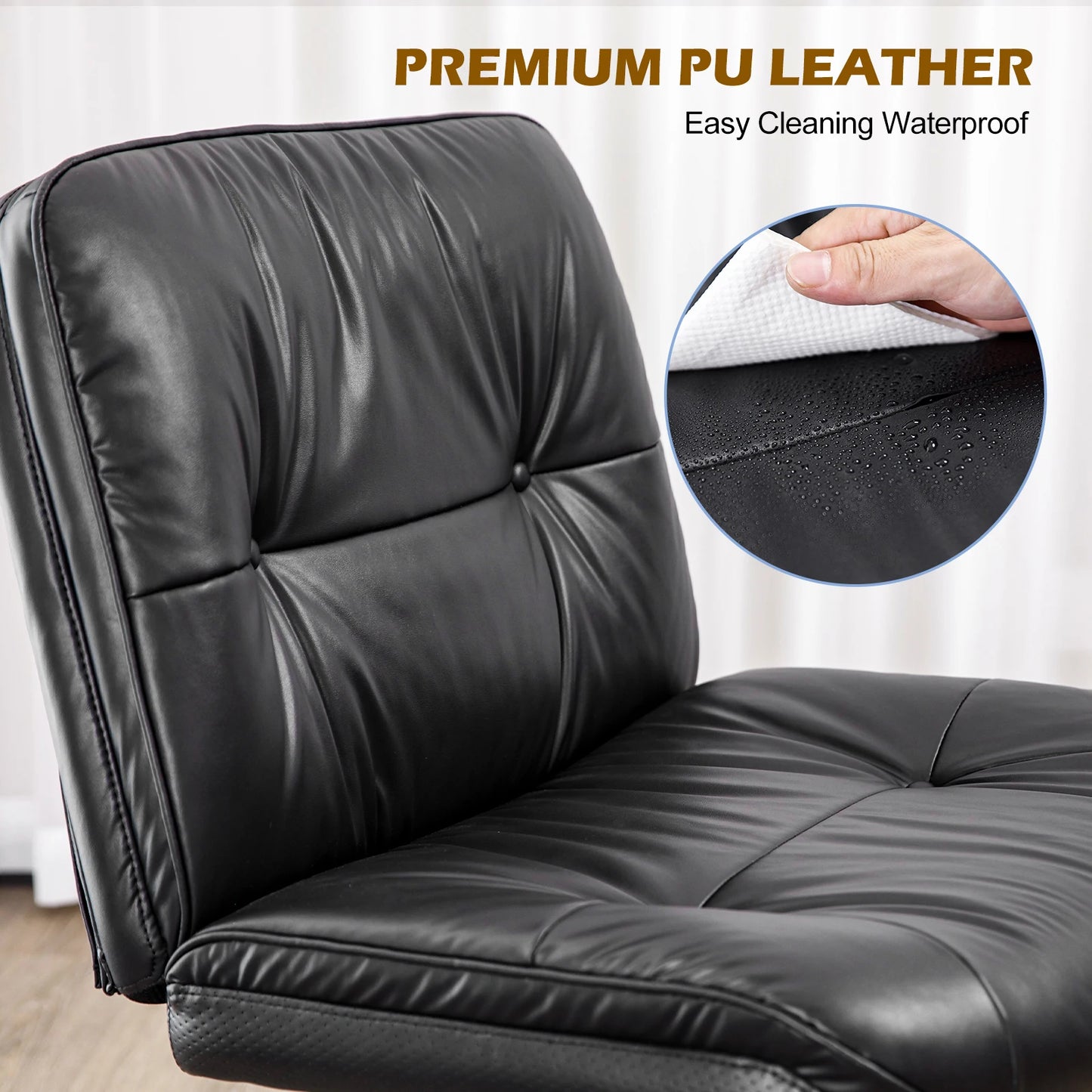 JHK Cross Legged PU Leather Office Chair with Wheels Armless Desk Chair Height Adjustable Swivel Wide Seating for Home Bedroom
