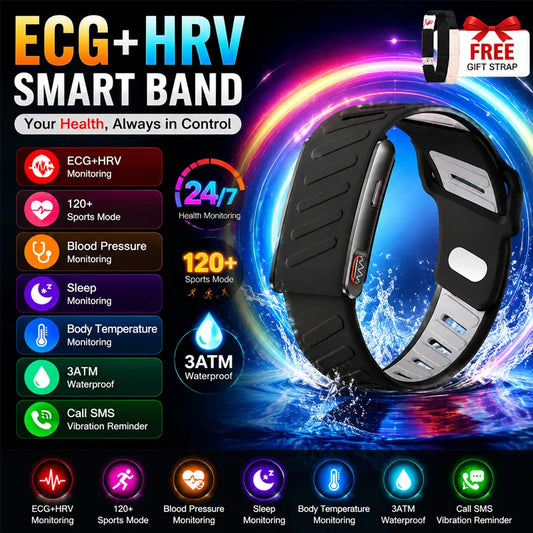 Screenless Smart Health Band with ECG Heart Rate Sleep SpO2 HRV Blood Pressure Sports Tracking App Reminders and 3ATM Waterproof