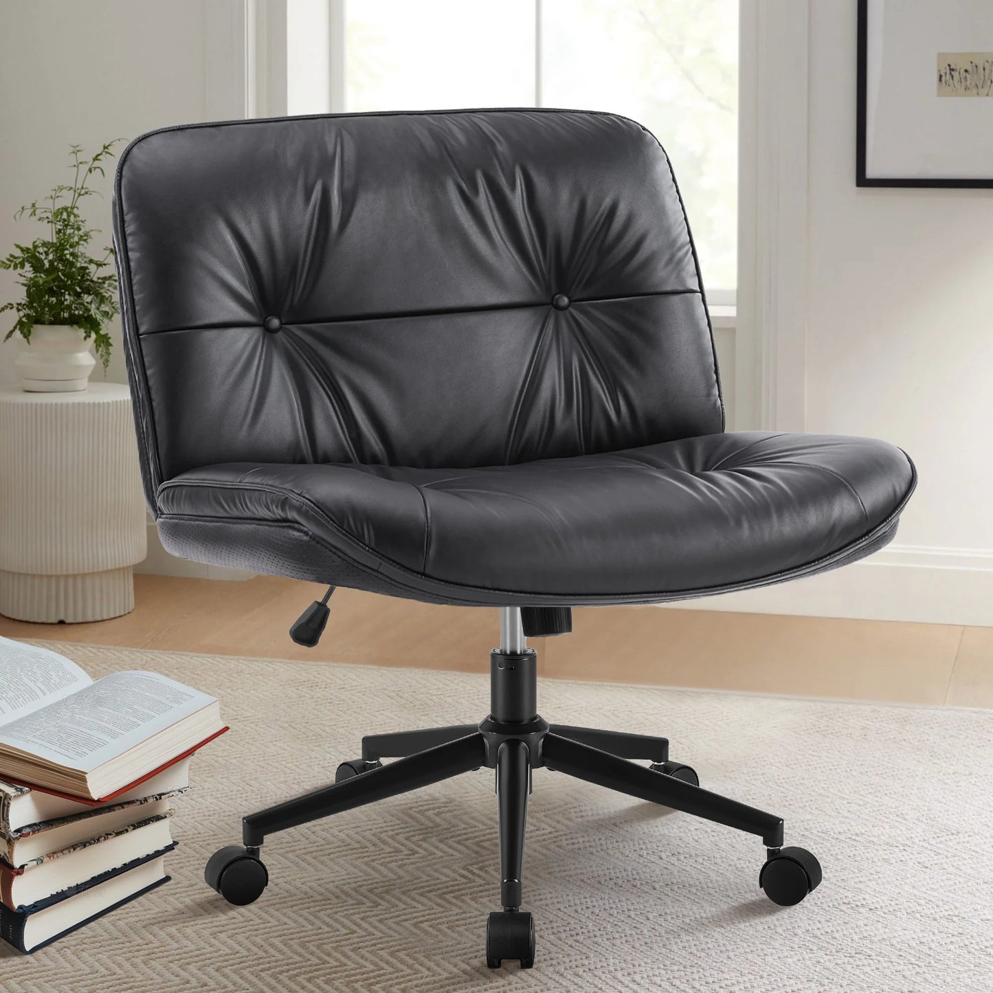 JHK Cross Legged PU Leather Office Chair with Wheels Armless Desk Chair Height Adjustable Swivel Wide Seating for Home Bedroom