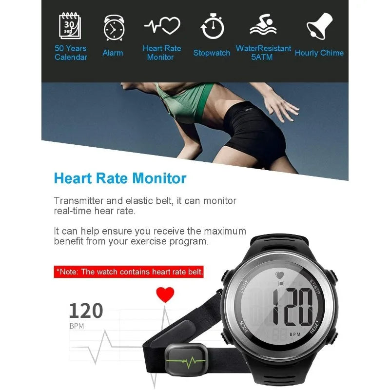 Heart Rate Monitor and Chest Strap, Exercise Heart Rate Monitor, Sports Watch with HRM, Waterproof, Stopwatch, Hourly Chime
