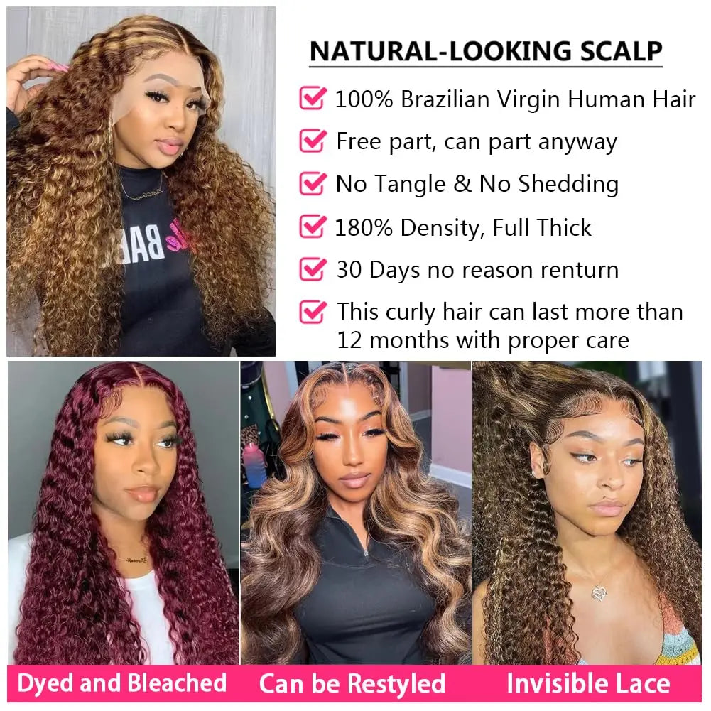 Highlight Ombre Lace Frontal Wig Human Hair 180% Density Deep Wave Human Hair Wigs For Women P4/27 Curly HD Transparent Lace Wig