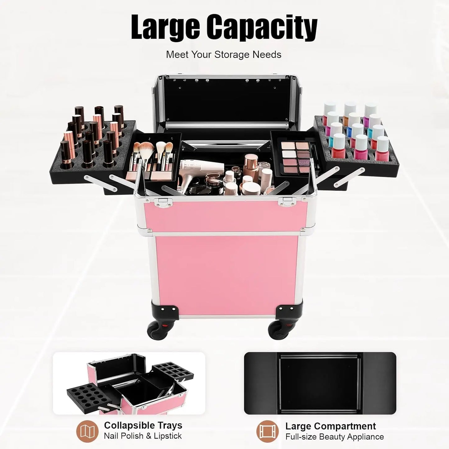 Professional Rolling Makeup Train Case w/Drawer,Cosmetic Case Trolley w/Locks,Large Cosmetic Trolley Cosmetics Storage Organizer