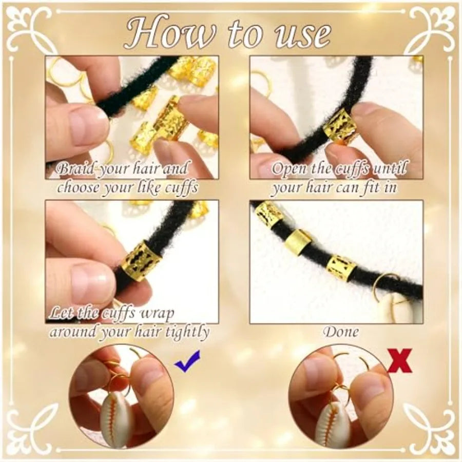 60PCS Shell Hair Jewelry for Braids Seashell Loc Charms Gold Hair Cuffs Rings Multi Styles Dreadlock Braid Clips Hair Accessori