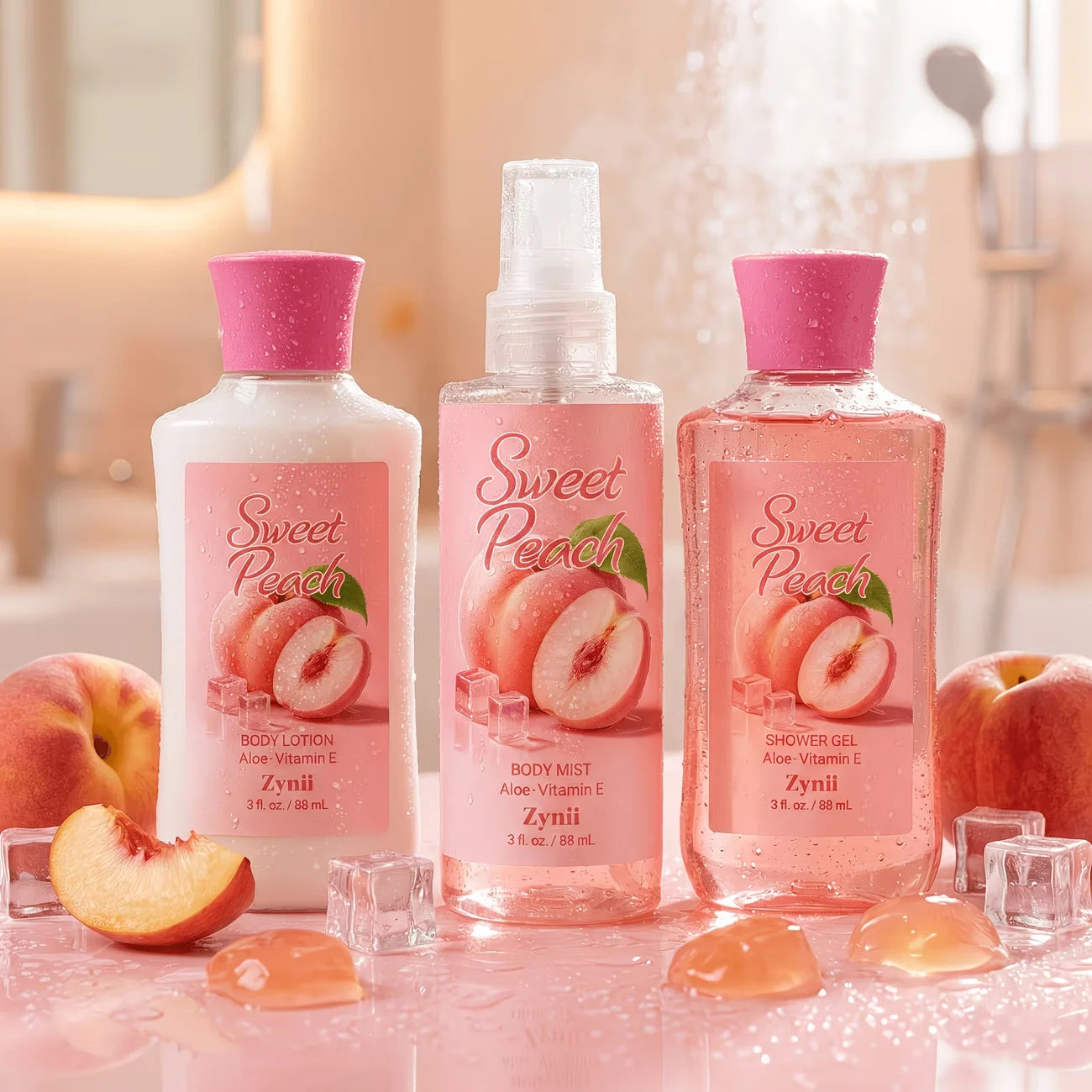 Strawberry Cake, Peach And Rose Bath Set - 88ml Shower Gel, Lotion And Body Mist, Fresh Moisturizing Gift for Her