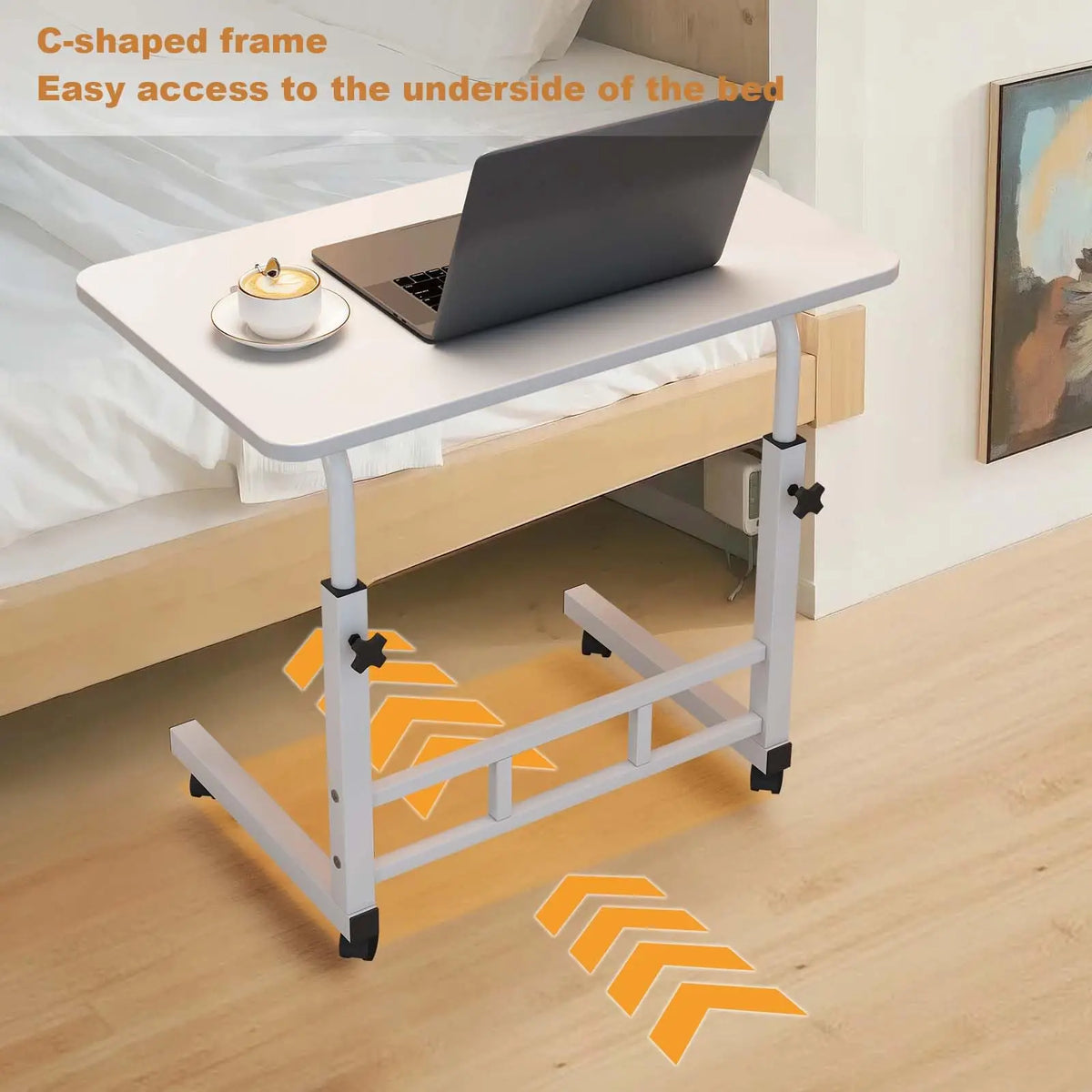 Adjustable Height Standing Desk with Wheels – Mobile C-Shape Laptop Workstation for Home Office, Bedroom & Sofa – Compact Design with Lockable Casters – White