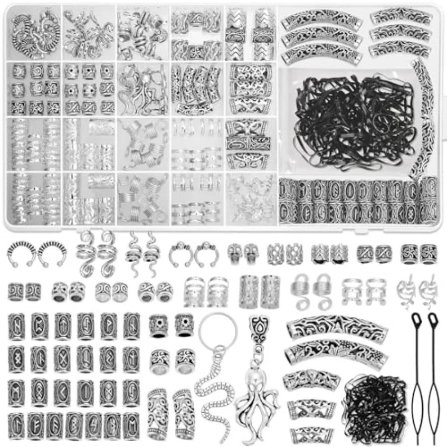 247Pcs Viking Hair Accessories Norse Runes Tube Beads Metal Cuffs Clips Rings, Dreadlock Beads Braids Locs Hair Jewelry Set for