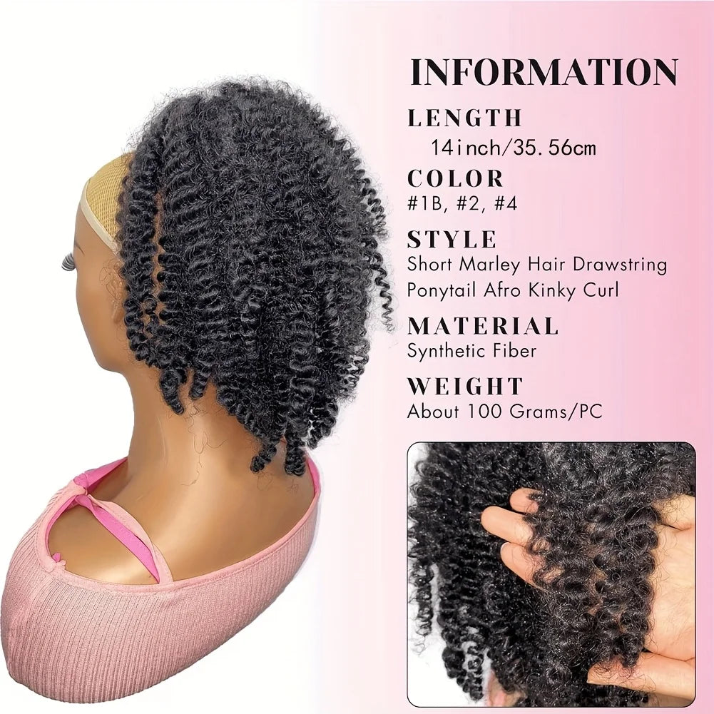 14 Inch Synthetic Afro Kinky Curly Drawstring Ponytail Short Marley Hair Drawstring Ponytail Afro Puff Bun Ponytail Braiding Hair Pony Tail With Clips Synthetic Hair Extension For Women
