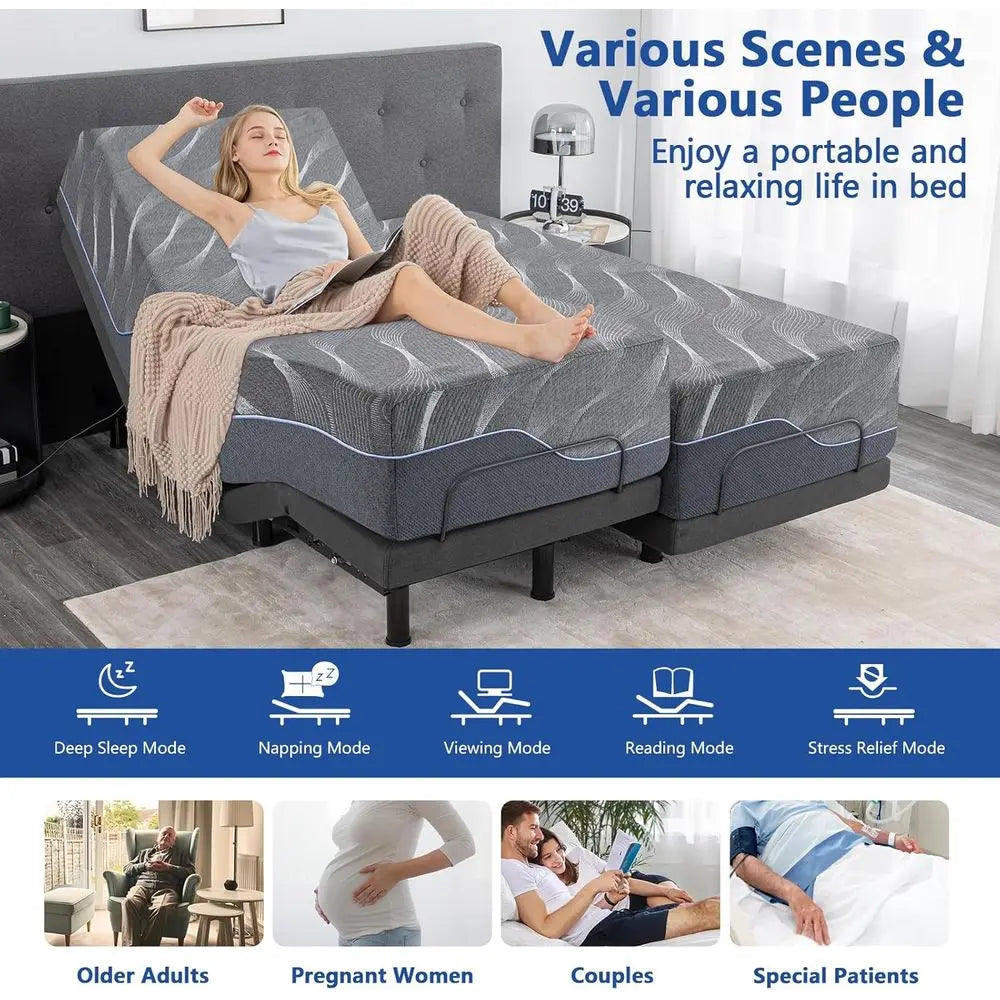 Split King Adjustable Bed e with Massage, 14 Inch Grey Gel Memory oam Medium irm Mattrin Box, Bed Base with Thickened oam e, Adj