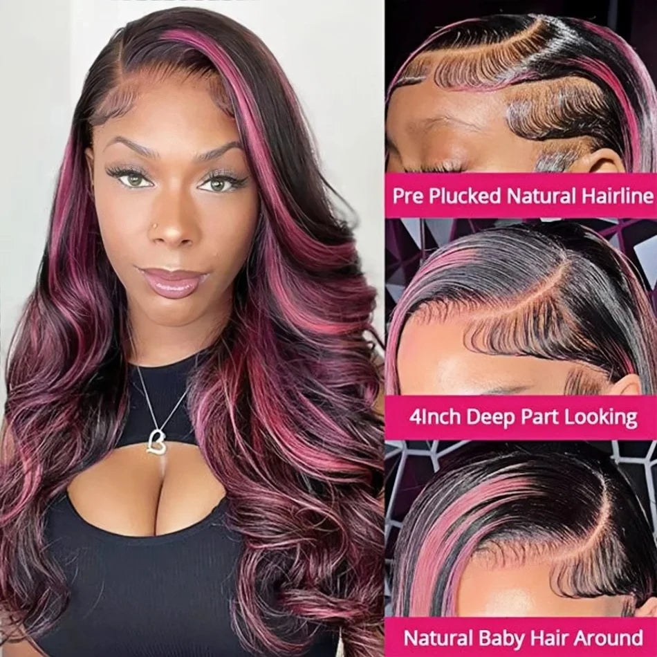 Pink Highlight Ombre Body Wave Human Hair Wigs 13x6 Hd Lace Frontal Wig Colored Pre Plucked Lace Front Wig 250 Density For Women