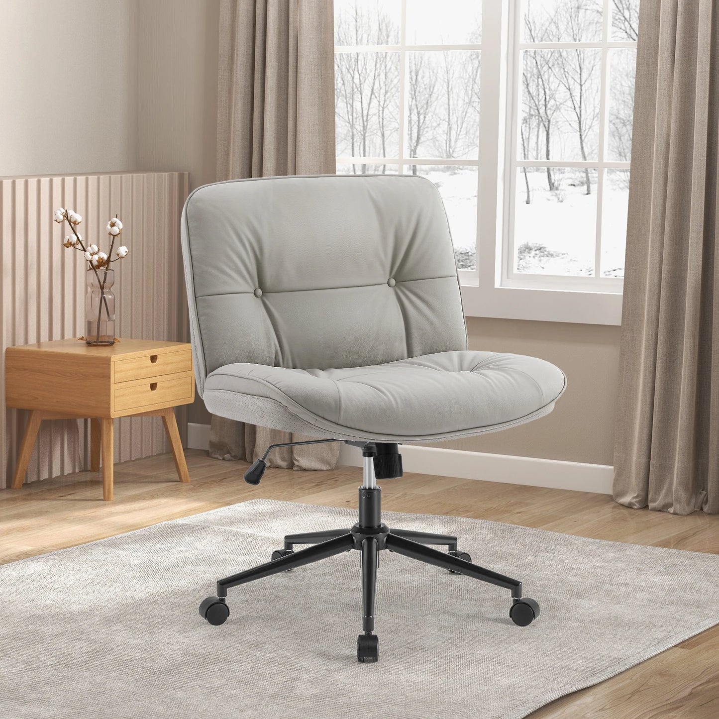 JHK Cross Legged PU Leather Office Chair with Wheels Armless Desk Chair Height Adjustable Swivel Wide Seating for Home Bedroom