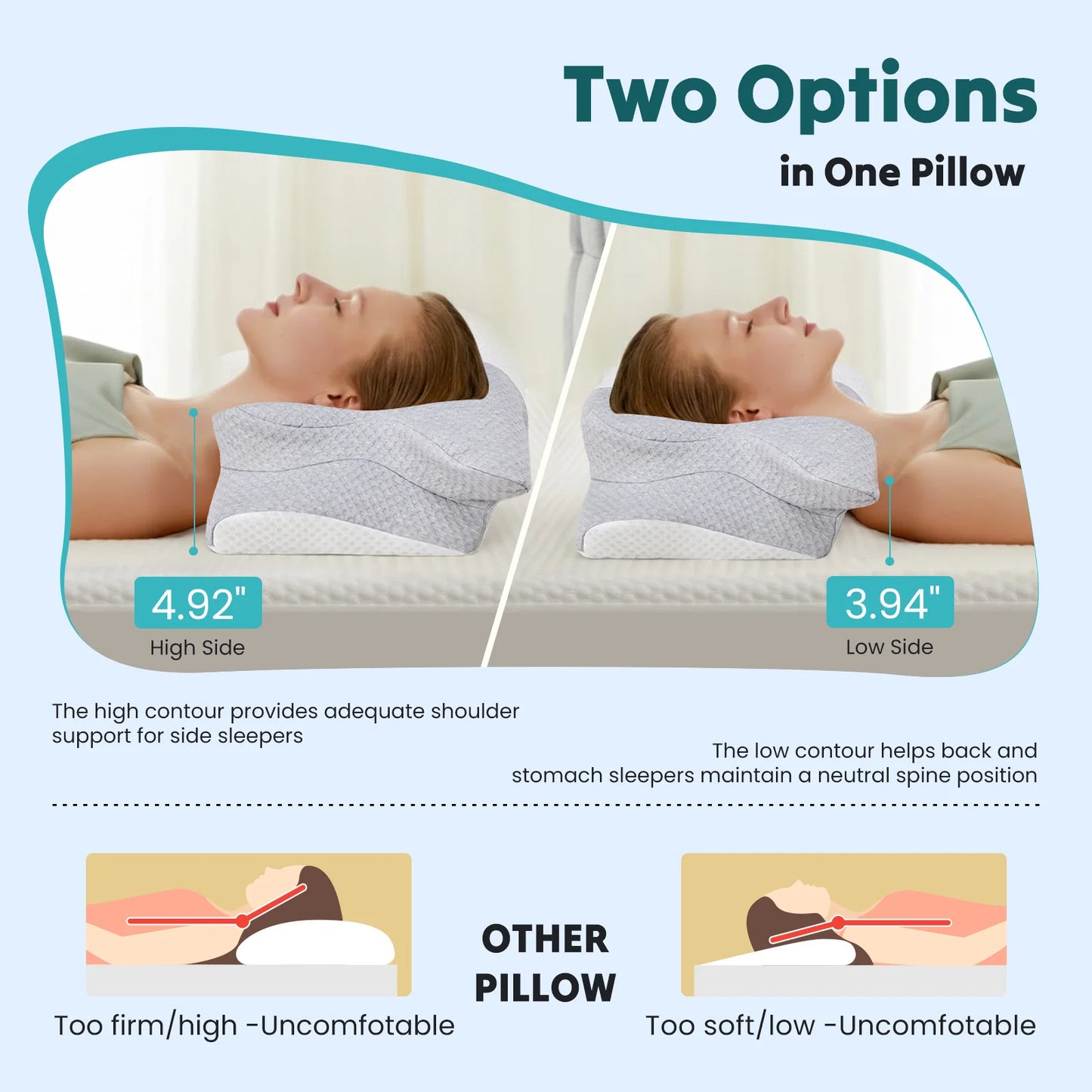 JHK Cervical Neck Pillow for Sleeping Cooling Ergonomic Memory Foam Pillow with Ice Silk Pillowcase Support Contour for Side