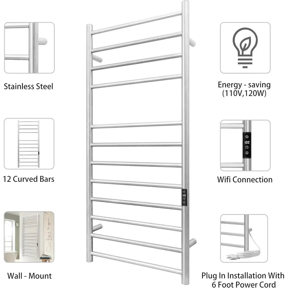 Smart WiFi Towel Warmer Wall Mounted with Built-in Timer and Temperature Adjust Control, 12 Bars Electric Stainless Steel Heated