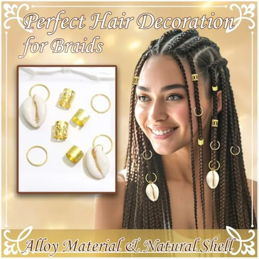 60PCS Shell Hair Jewelry for Braids Seashell Loc Charms Gold Hair Cuffs Rings Multi Styles Dreadlock Braid Clips Hair Accessori