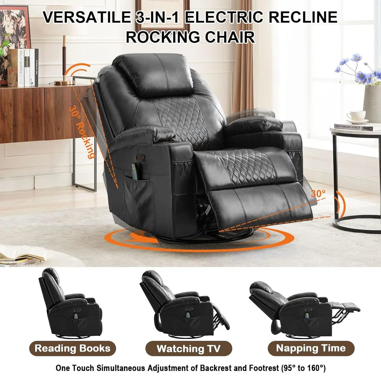 Power Swivel Rocker Recliner Chair with Heat and Massage, LED Lights, USB-A and USB-C Ports, Electric Glider, Customized