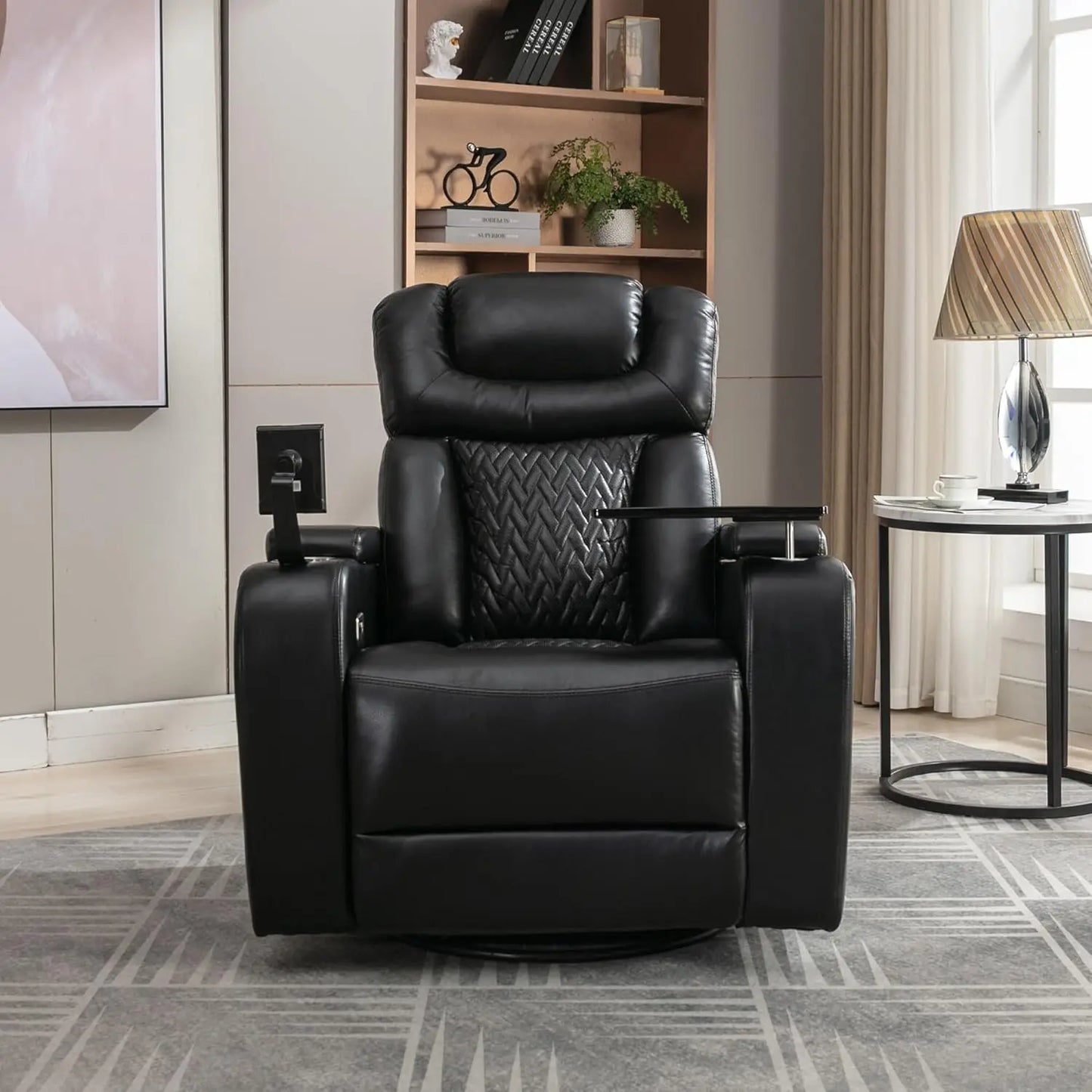 270 Degree Swivel PU Leather Power Recliner Individual Seat Home Theater Recliner with Comforable Backrest, Tray, Customized