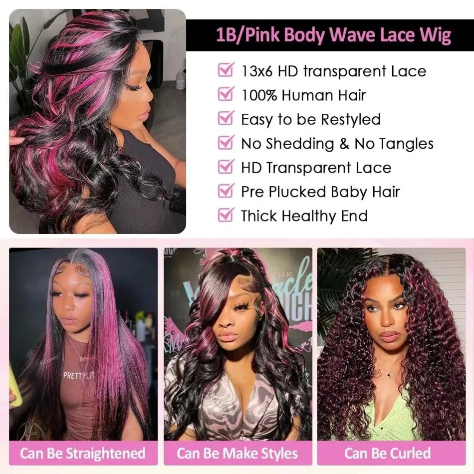 Pink Highlight Ombre Body Wave Human Hair Wigs 13x6 Hd Lace Frontal Wig Colored Pre Plucked Lace Front Wig 250 Density For Women