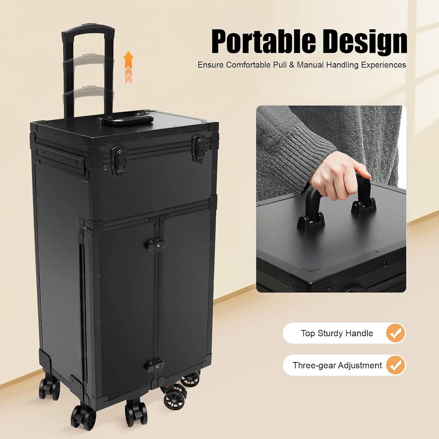 Rolling Makeup Train Case with 4 Drawers&6 Wheels, Foldable Makeup Nail Desk with Safety Lock&Movable Partition, Lockable Manicure Case for Technician Workstation Salon (Black)